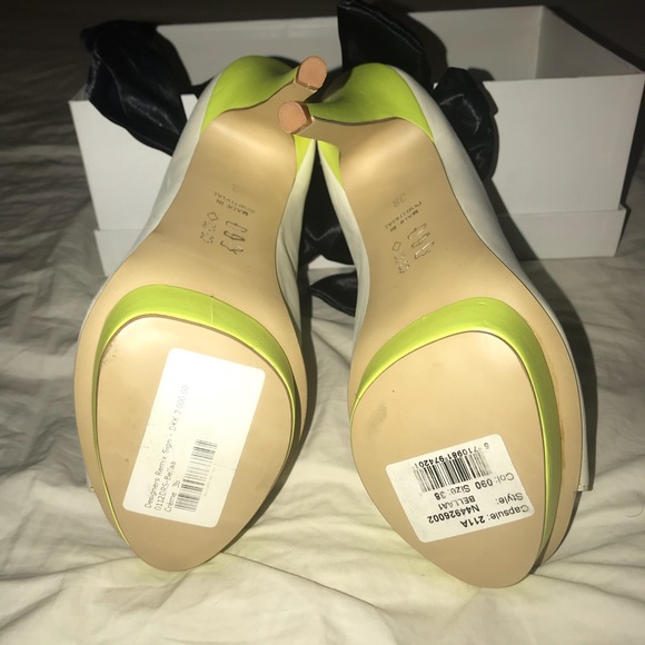 Neon Yellow Leather Peep Toe Bootie with Black Bow - Picture 4 of 8